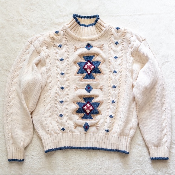 Cream and Blue Patterned Women's Sweater - Picture 7 of 8